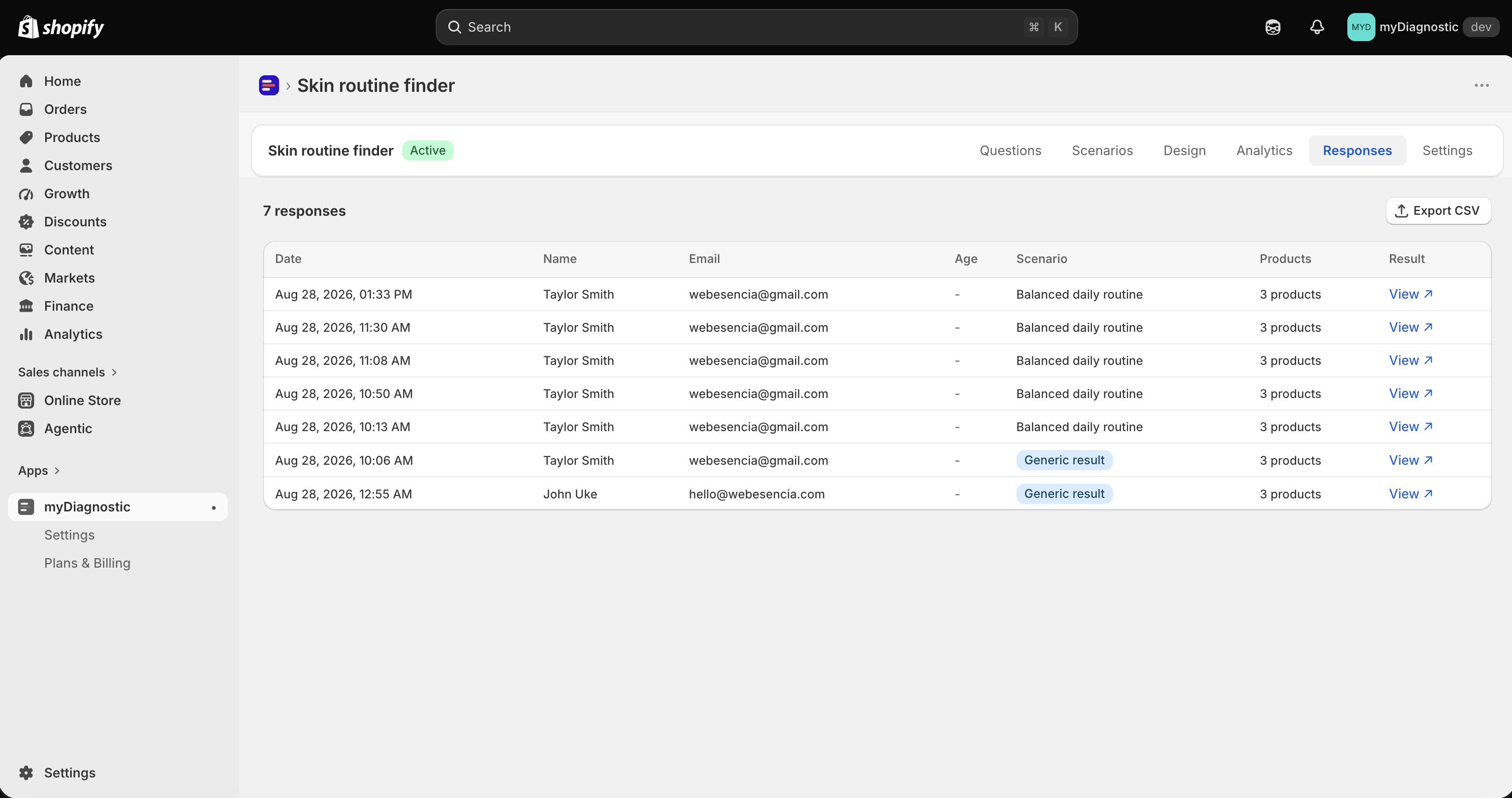 The Responses tab of a quiz, listing responses in their seven columns with the Export CSV action above the table.