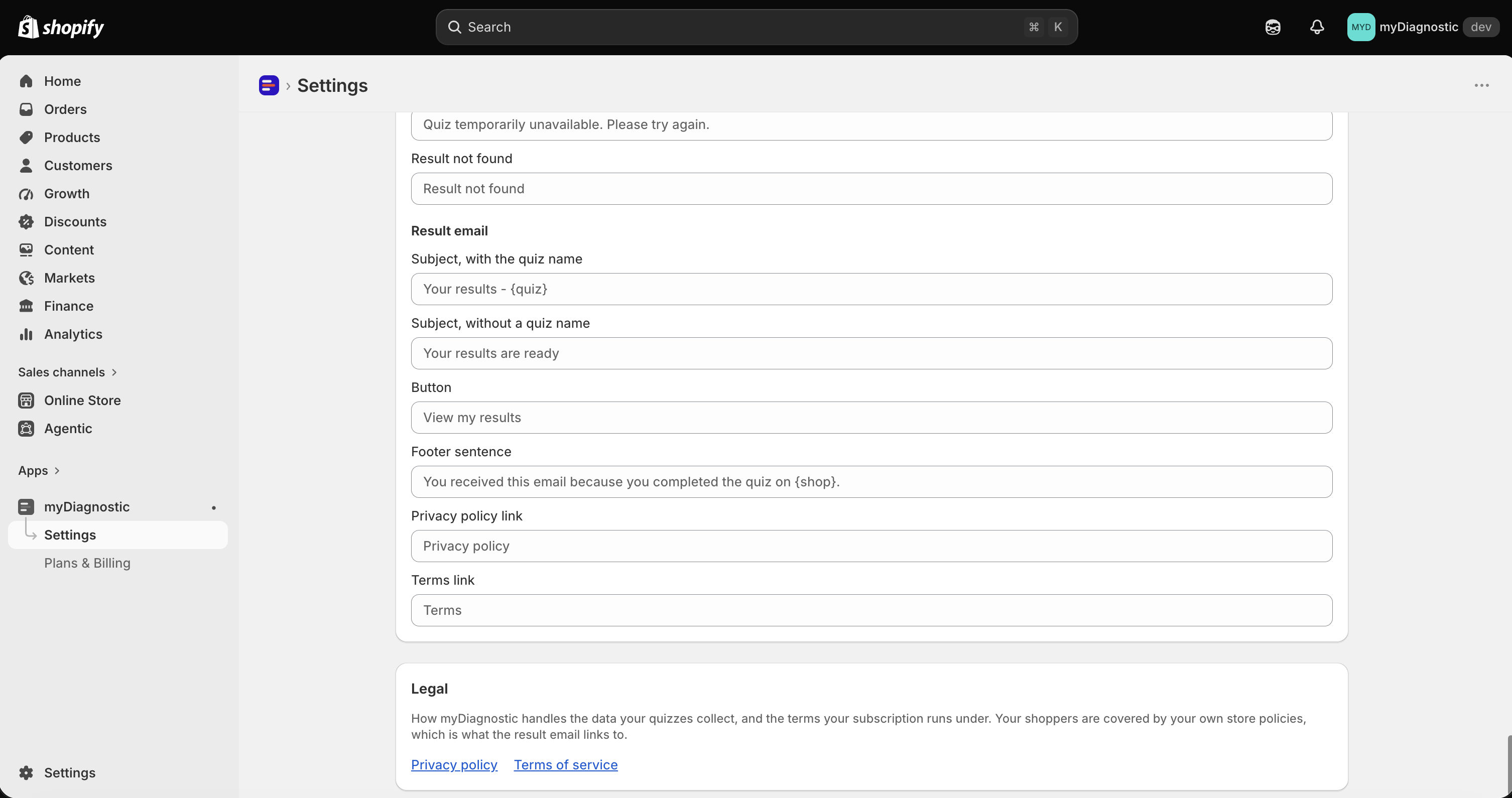 The Legal links section of the Result email card, with the privacy policy link text and URL fields and the terms link fields under them.