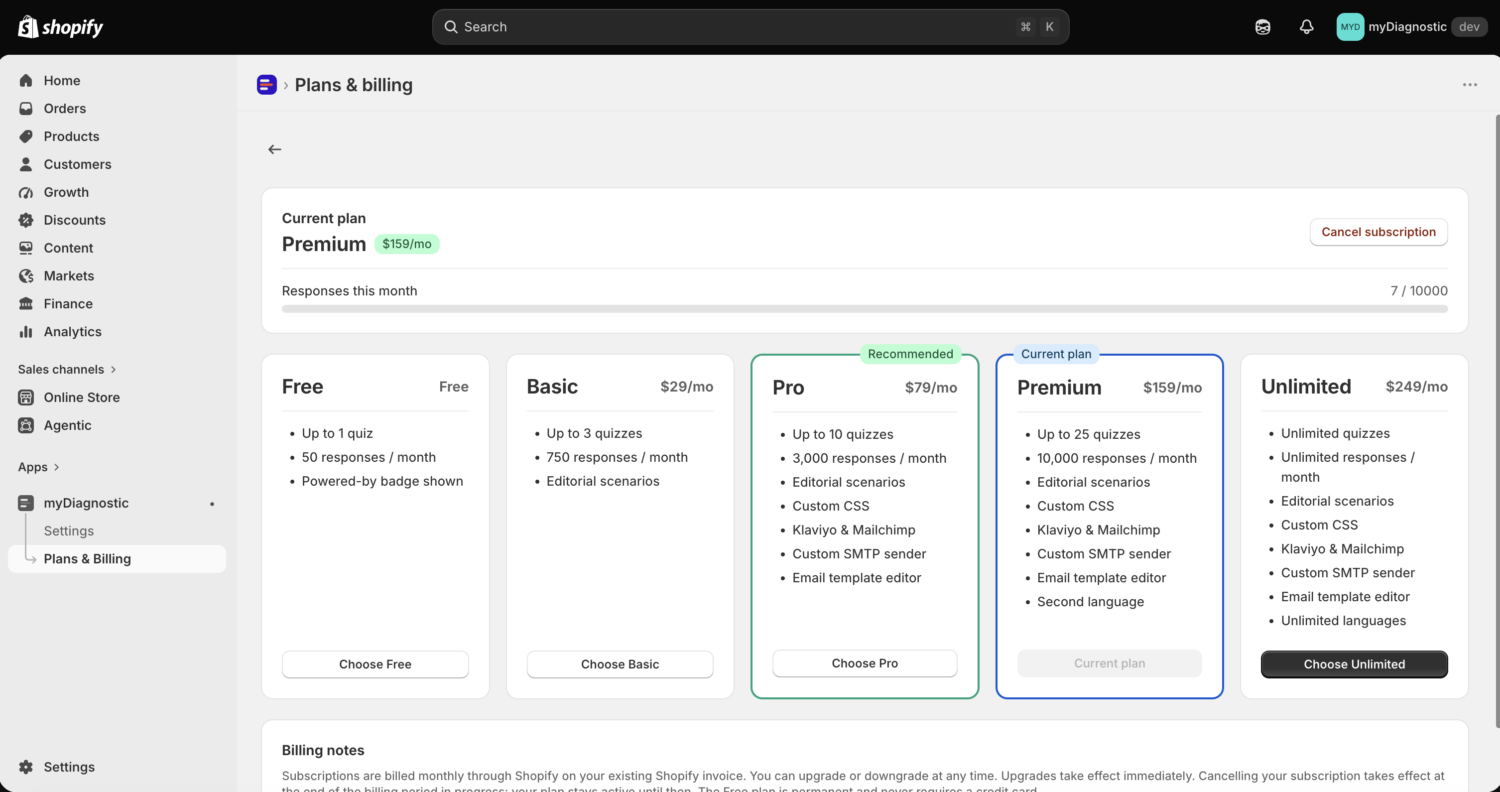 The Plans and Billing page, with the Current plan block at the top and the five plan cards below it, the current one marked with its badge.
