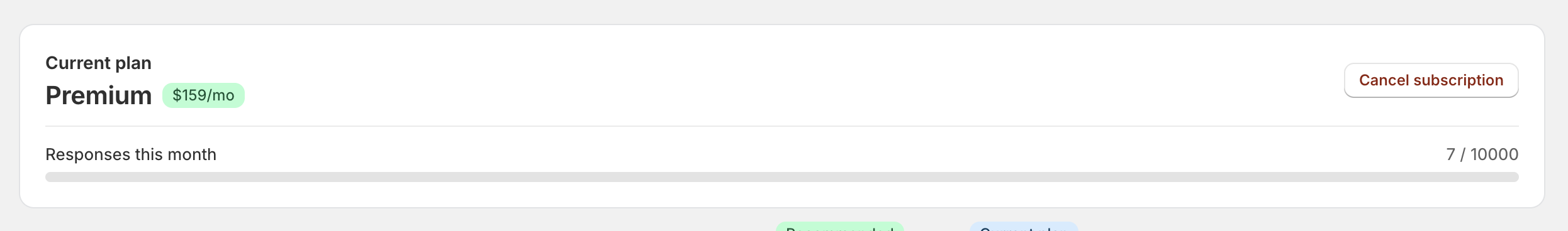 The Responses this month row of the Plans and Billing page, showing the count against the plan limit with its progress bar.