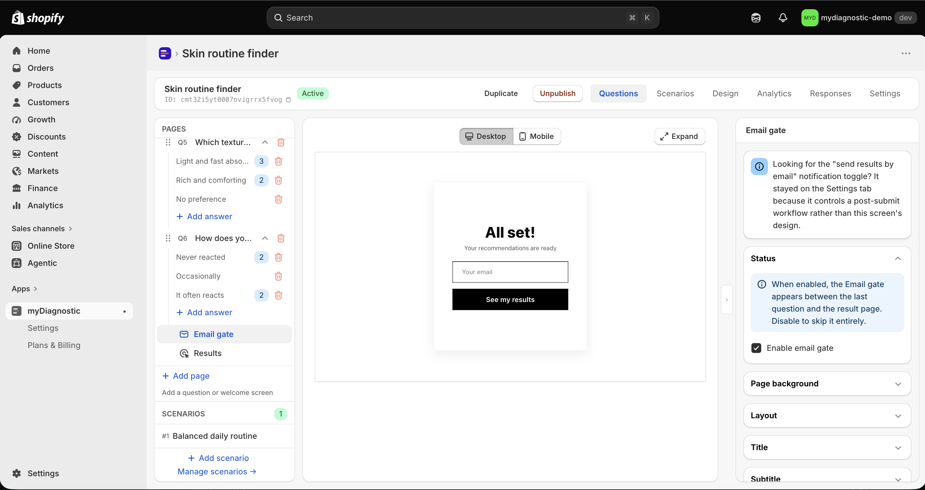 The Email gate settings panel in the quiz editor, with the Status section open on the Enable email gate checkbox, and the Title, Subtitle, Card, Email field and CTA button sections listed below it.