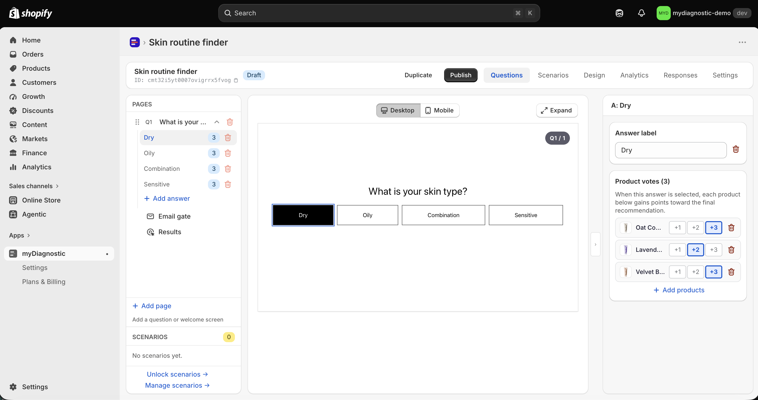The Questions tab with the answer Dry selected, and its Product votes section on the right listing three products, each with the plus one, plus two and plus three weight buttons.