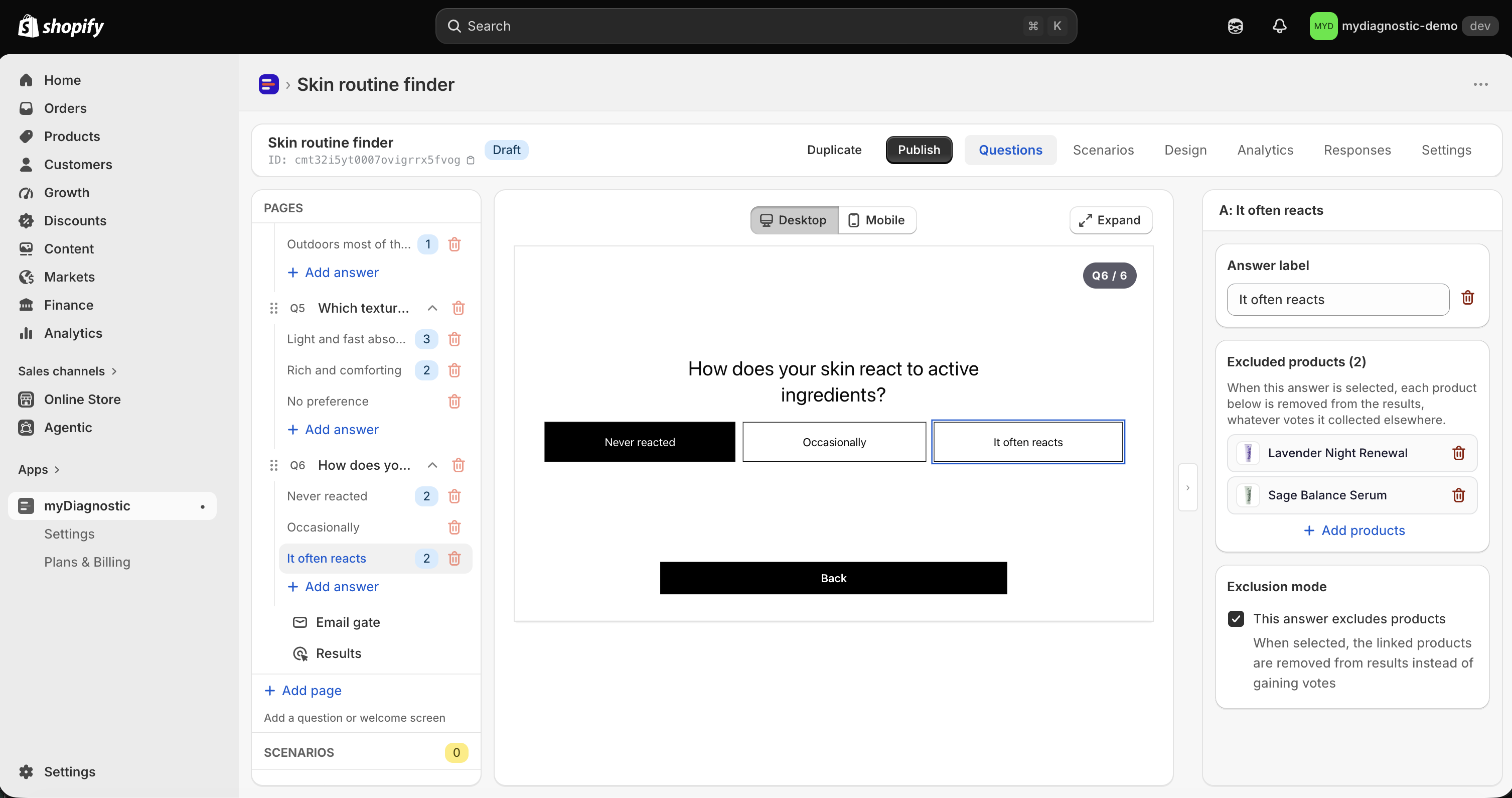 The settings panel of the answer It often reacts, with Exclusion mode turned on, the section above it titled Excluded products and listing two products with no weight buttons on their rows.