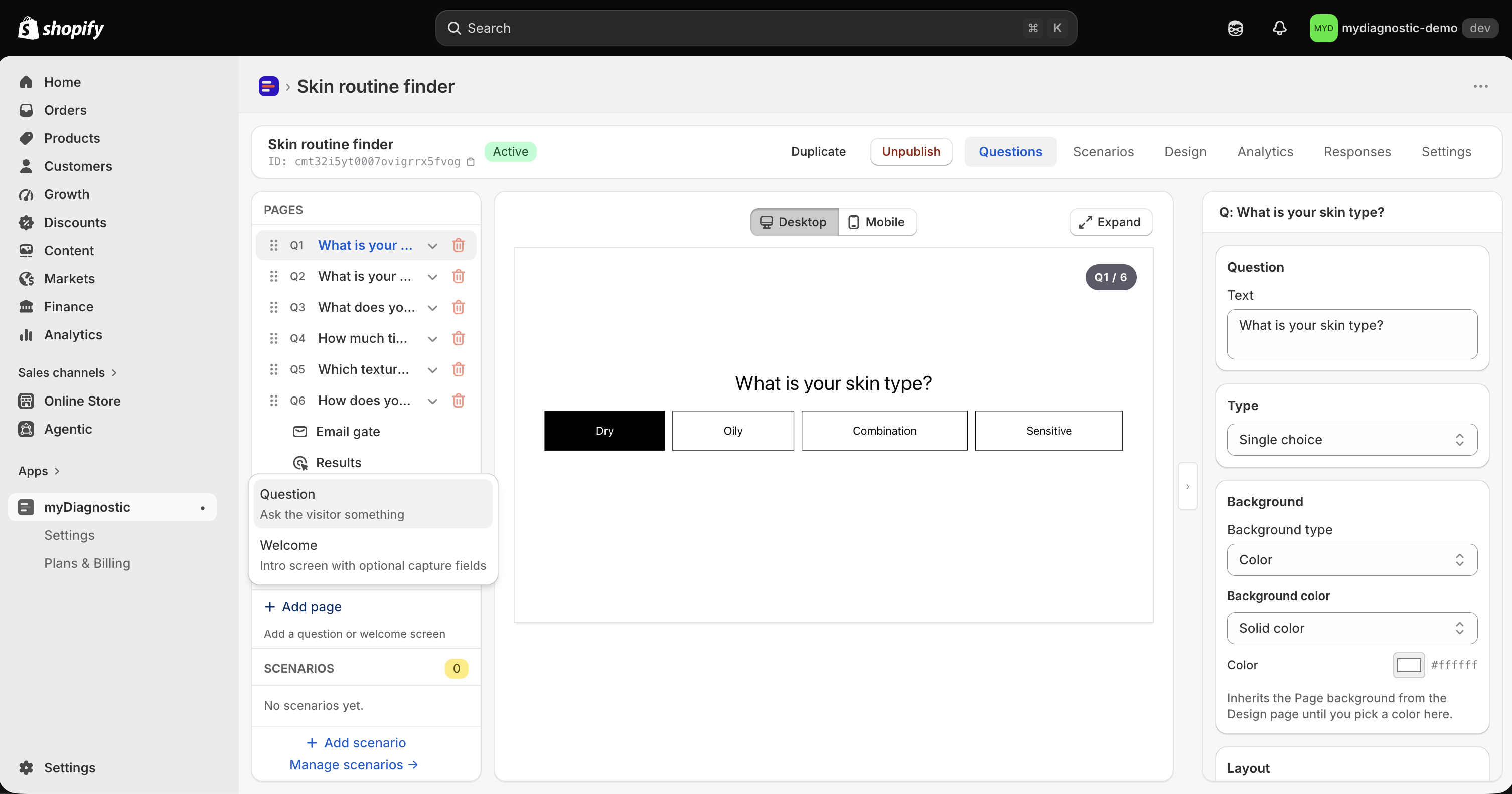 The left sidebar of the Questions tab with the Add page menu open, showing the Question and Welcome entries and their descriptions.