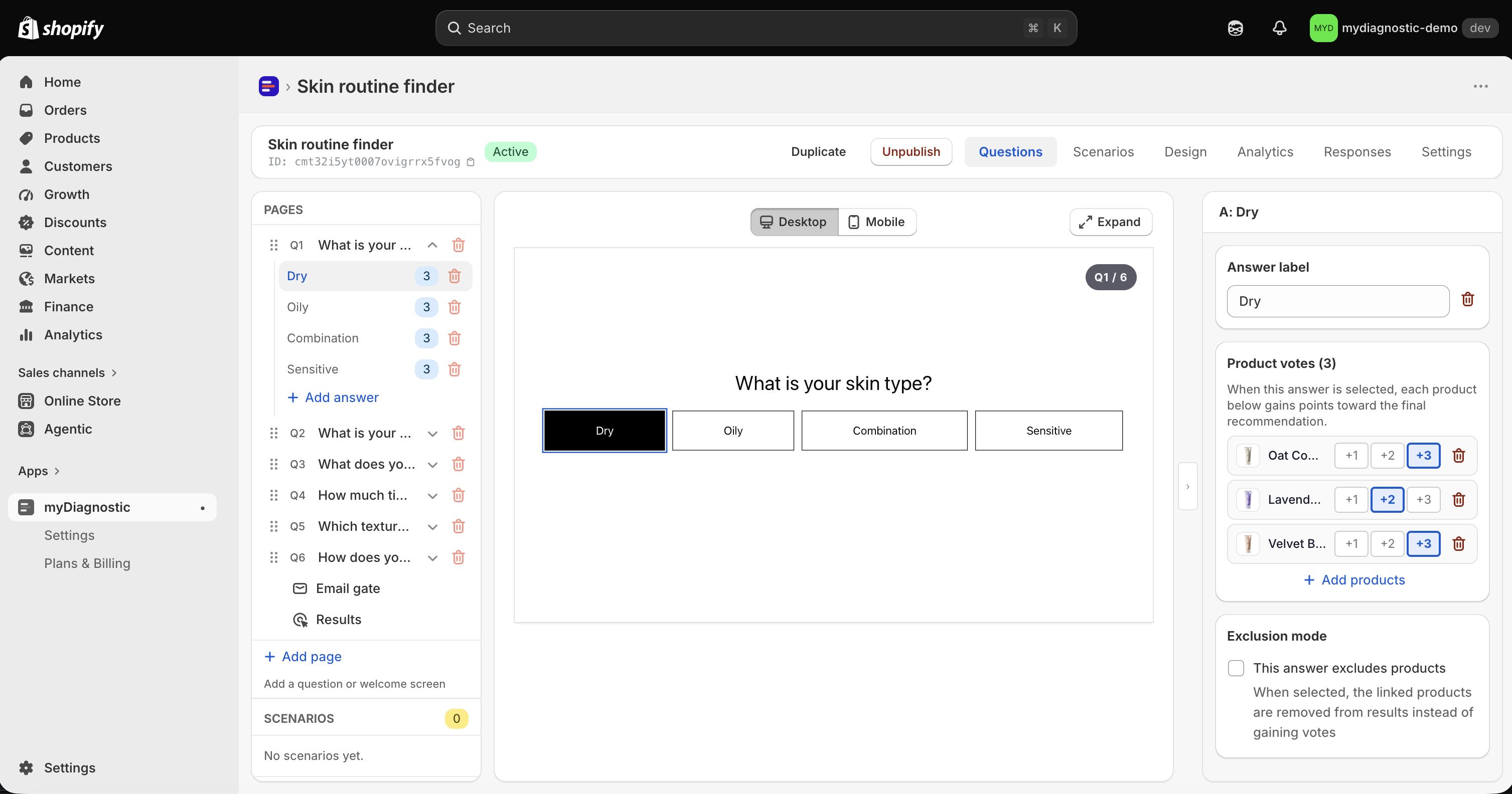 The settings panel of an answer, with the Product votes section listing two products, each with its thumbnail and the plus one, plus two and plus three weight buttons.