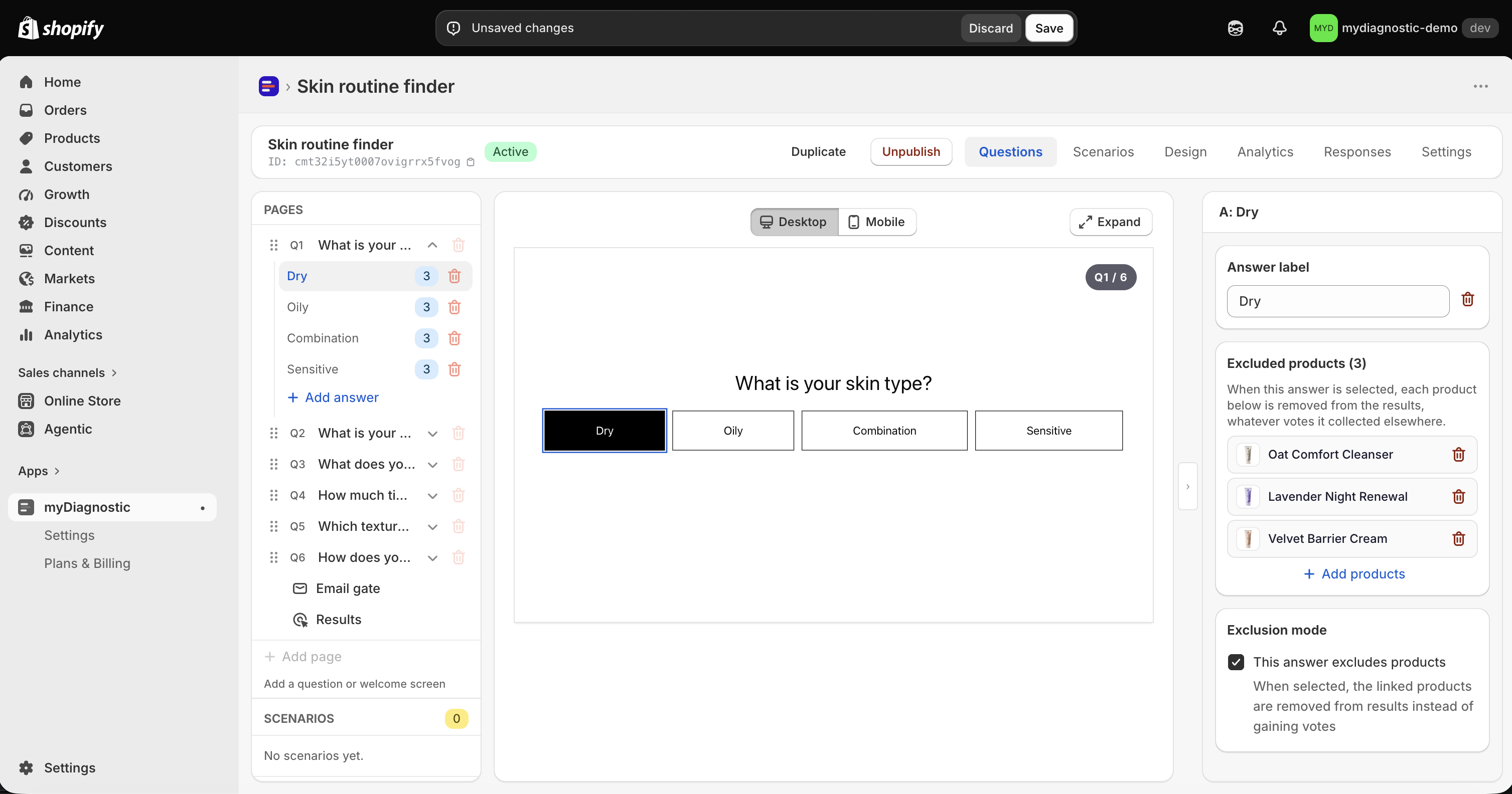 The settings panel of an answer with the Exclusion mode toggle turned on, the products section titled Excluded products, and no weight buttons on the product rows.