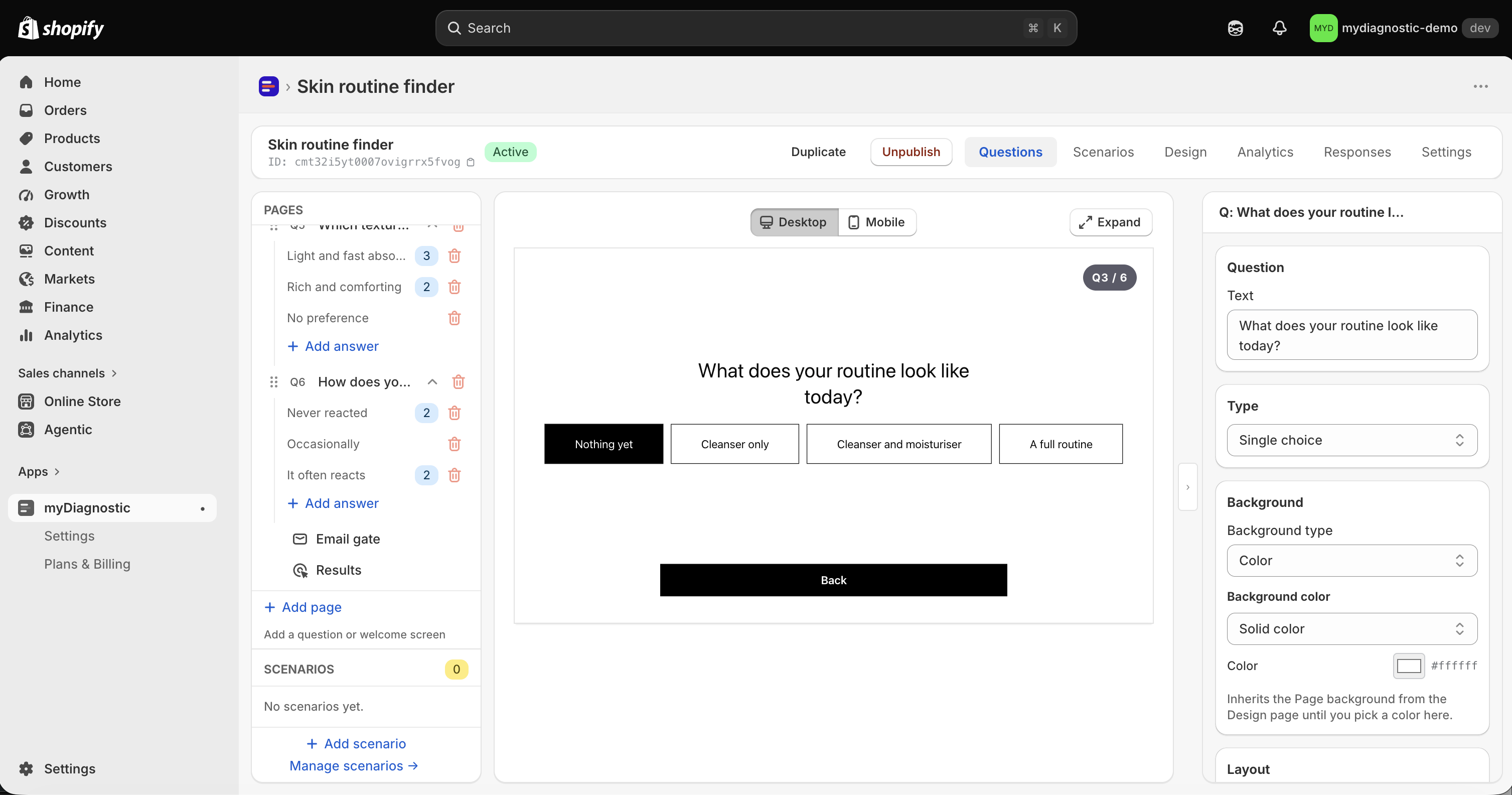 The left sidebar showing a welcome page and three question pages with their answers listed underneath, and the Email gate and Results rows pinned at the bottom without a drag handle.