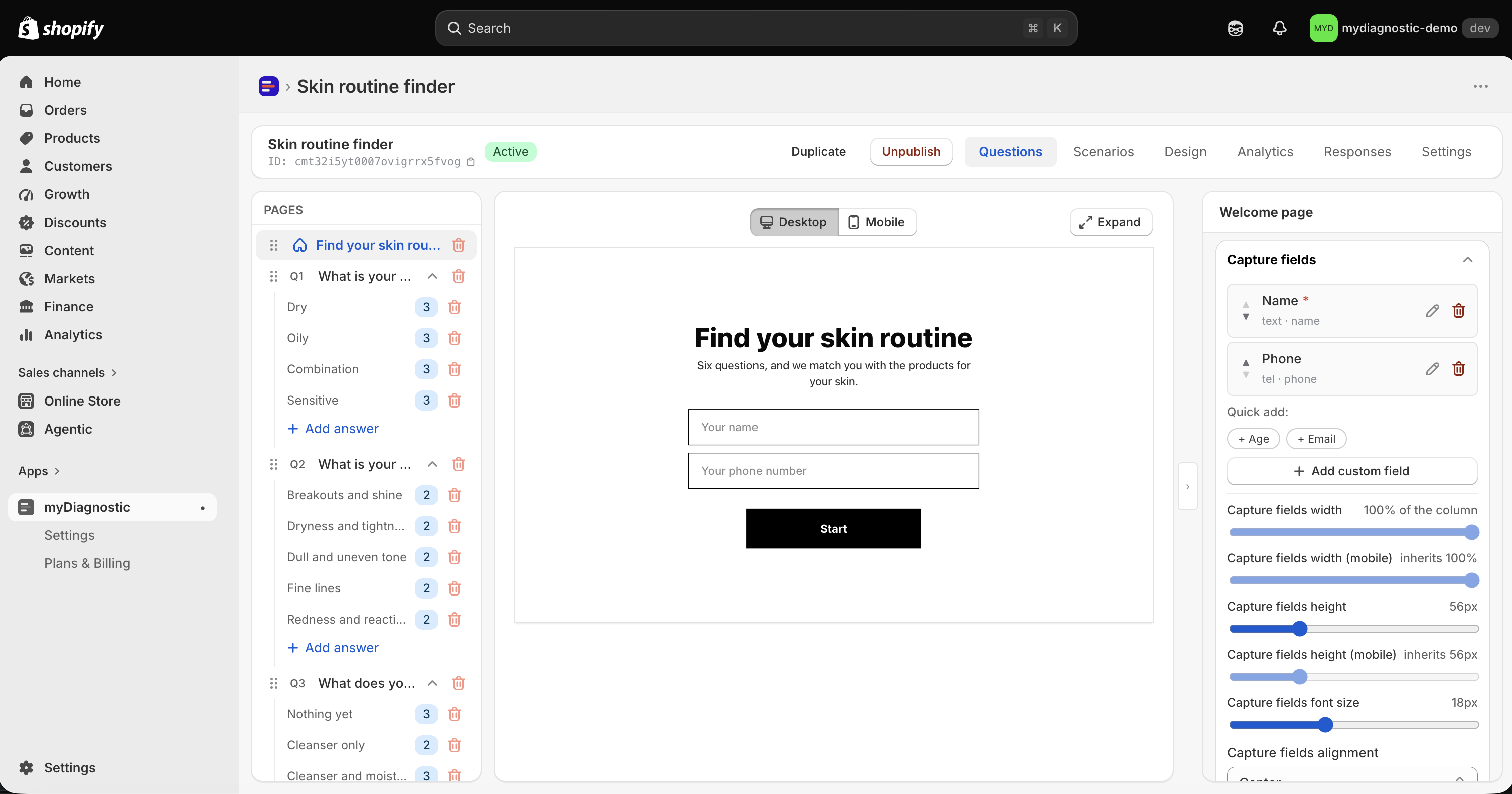 The Capture fields section of the welcome screen, listing a name field and an age field with their reorder arrows, the quick add buttons underneath, and the Add custom field button.