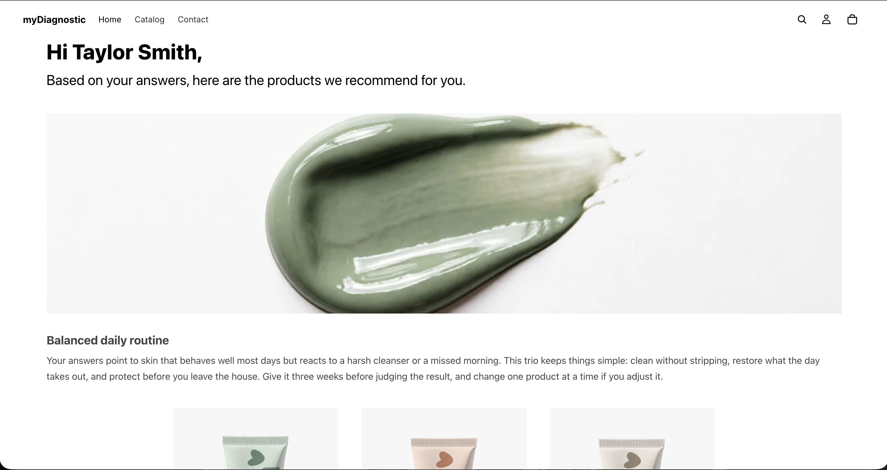 A finished result screen on a storefront, showing a title and subtitle, three product cards in a row with a label above each product name, a price under each one, a single add to cart button below the row, and a paragraph of editorial text with three tips under that button.