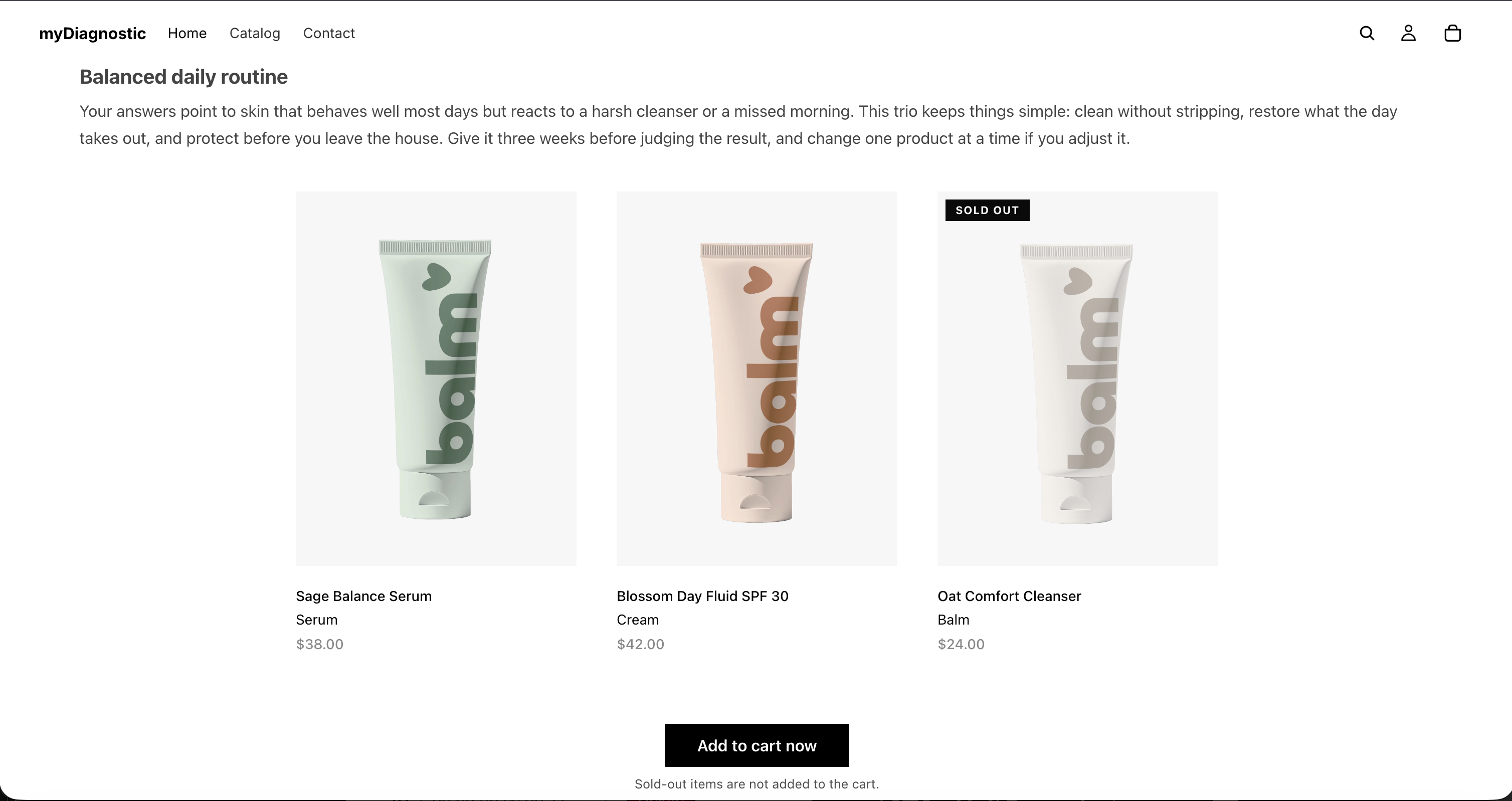 A row of three product cards where the middle card carries a Sold out badge over its image and keeps its price, with the bundle button still active below the row and a line under it reading Sold-out items are not added to the cart.