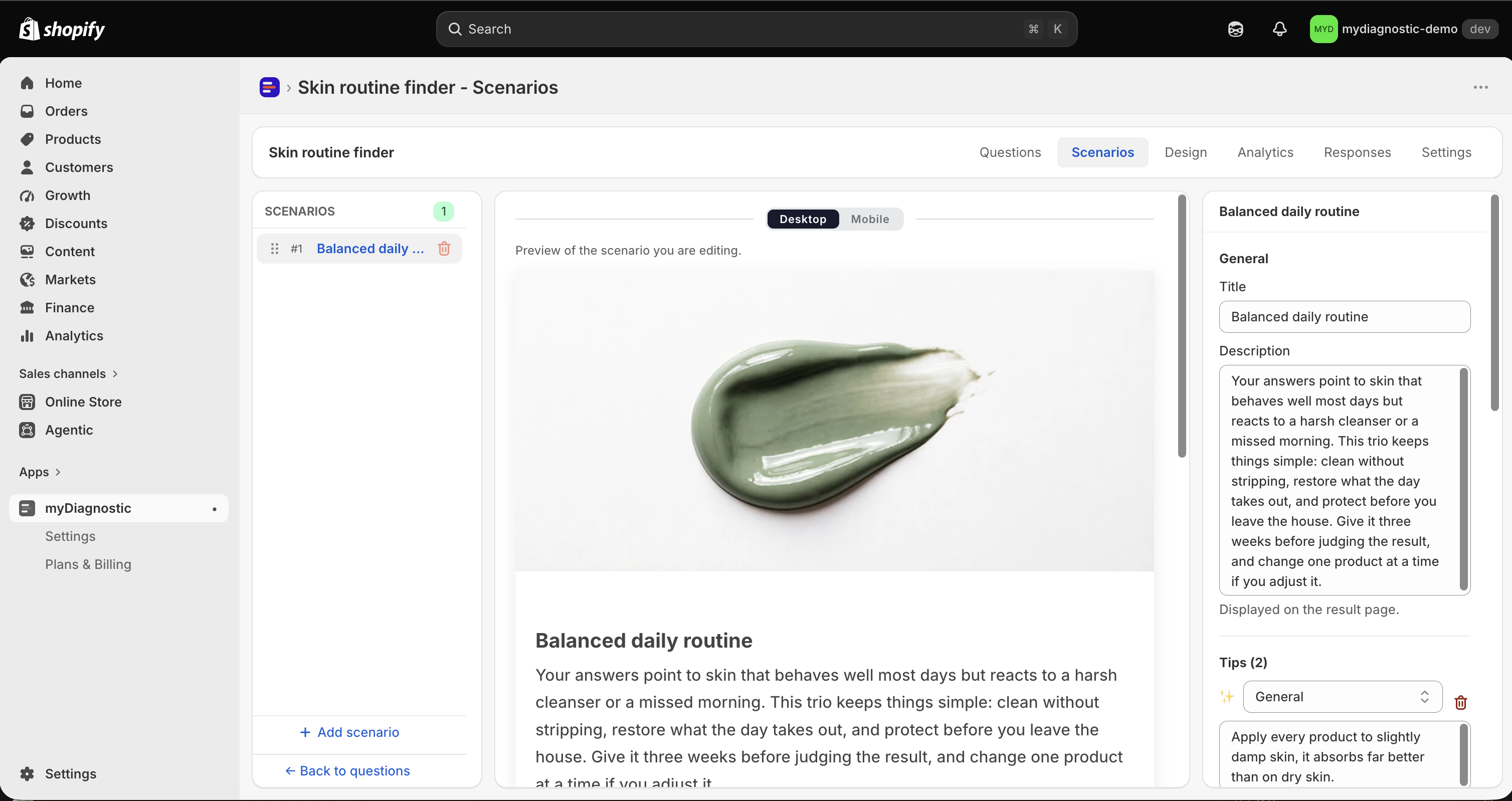 The Scenarios tab with one scenario selected: the scenario list on the left, the result page preview in the middle, and the settings panel on the right showing the title and description.