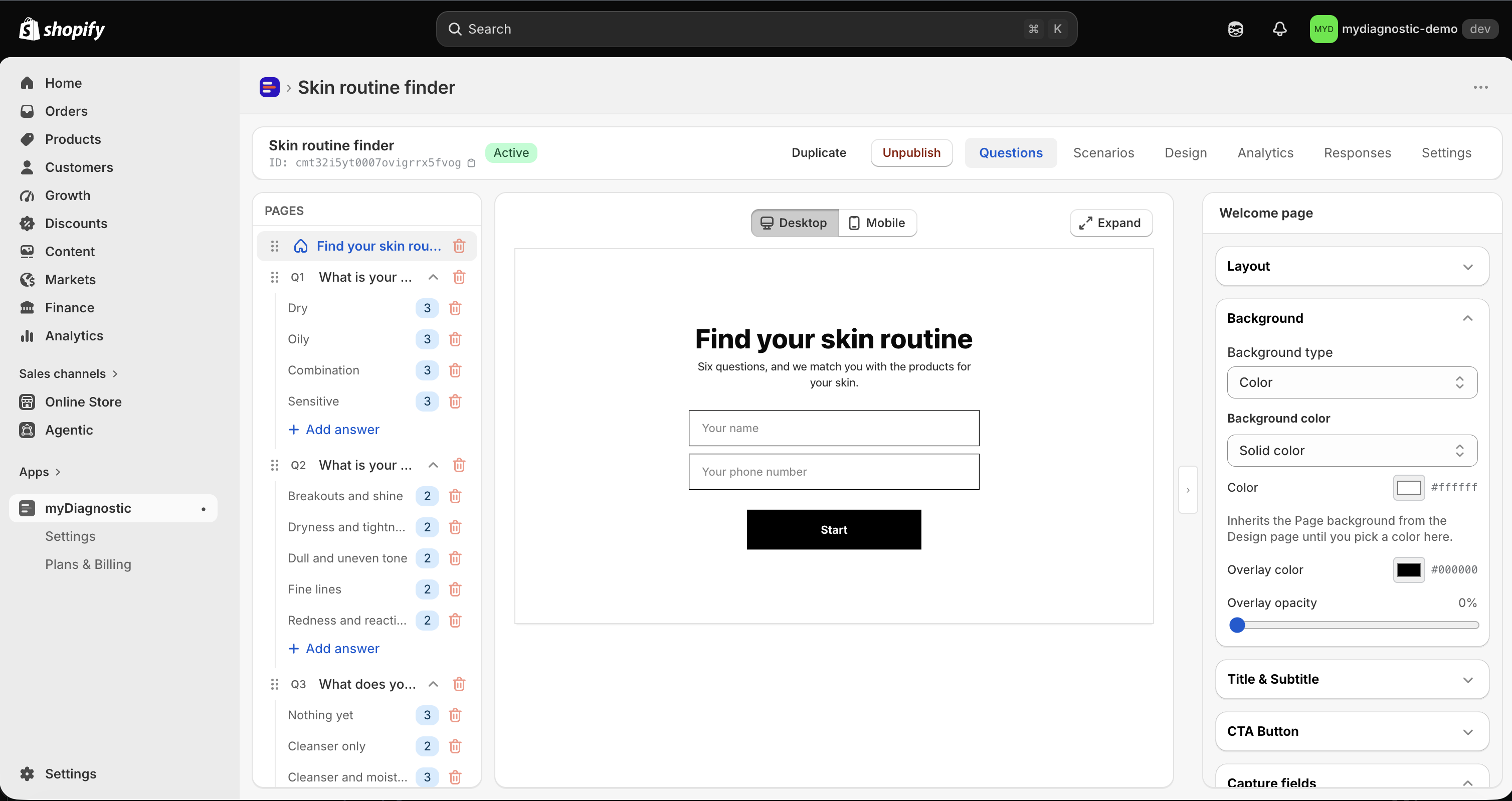 The Background section of the welcome screen settings, with Background type set to Image, the Desktop image and Mobile image uploaders below it, and the Overlay color and Overlay opacity controls underneath.