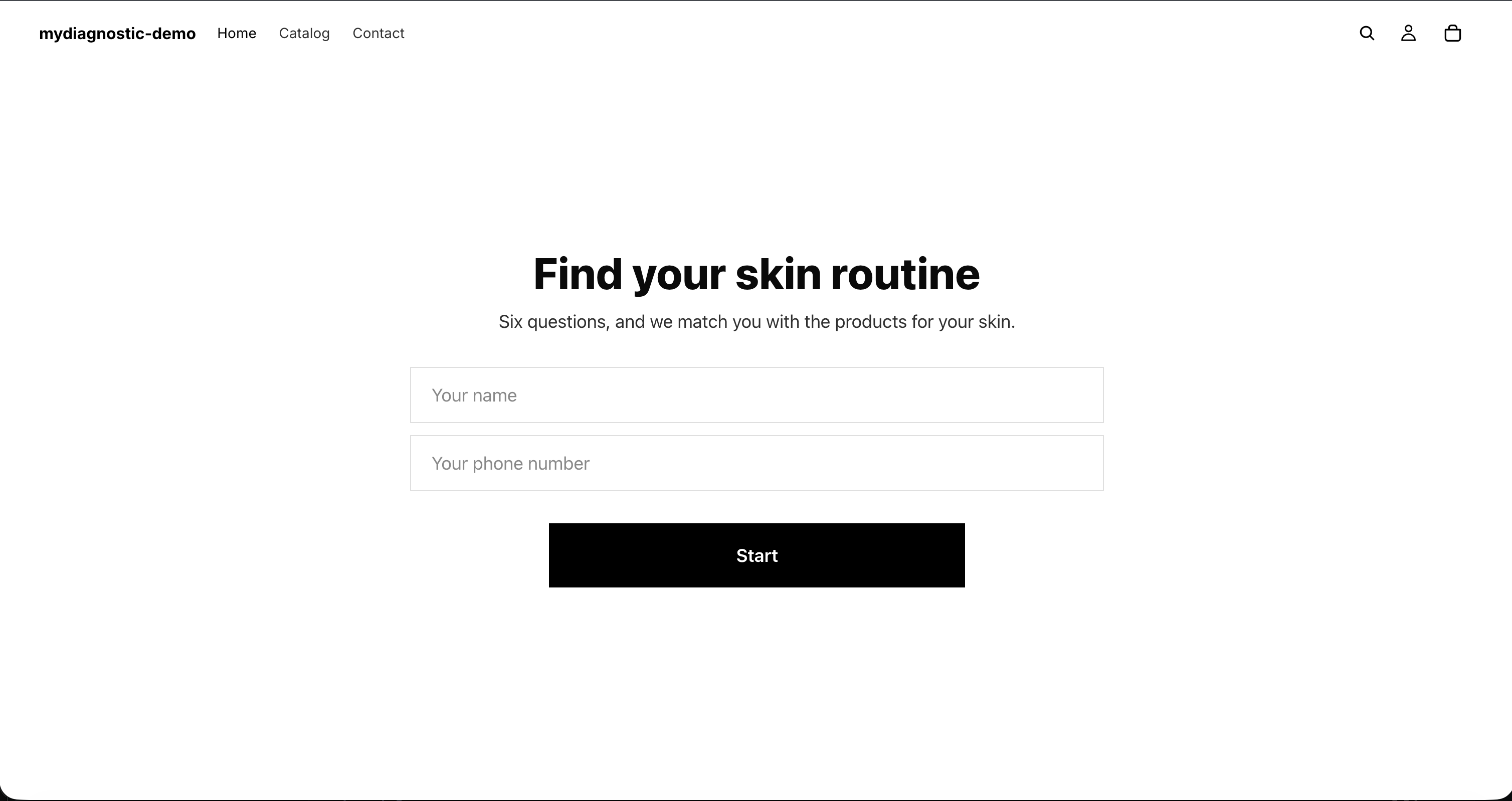 A welcome screen served on a storefront, shown on a desktop viewport and on a phone viewport side by side, with the content column on the right on desktop and centred on the phone.