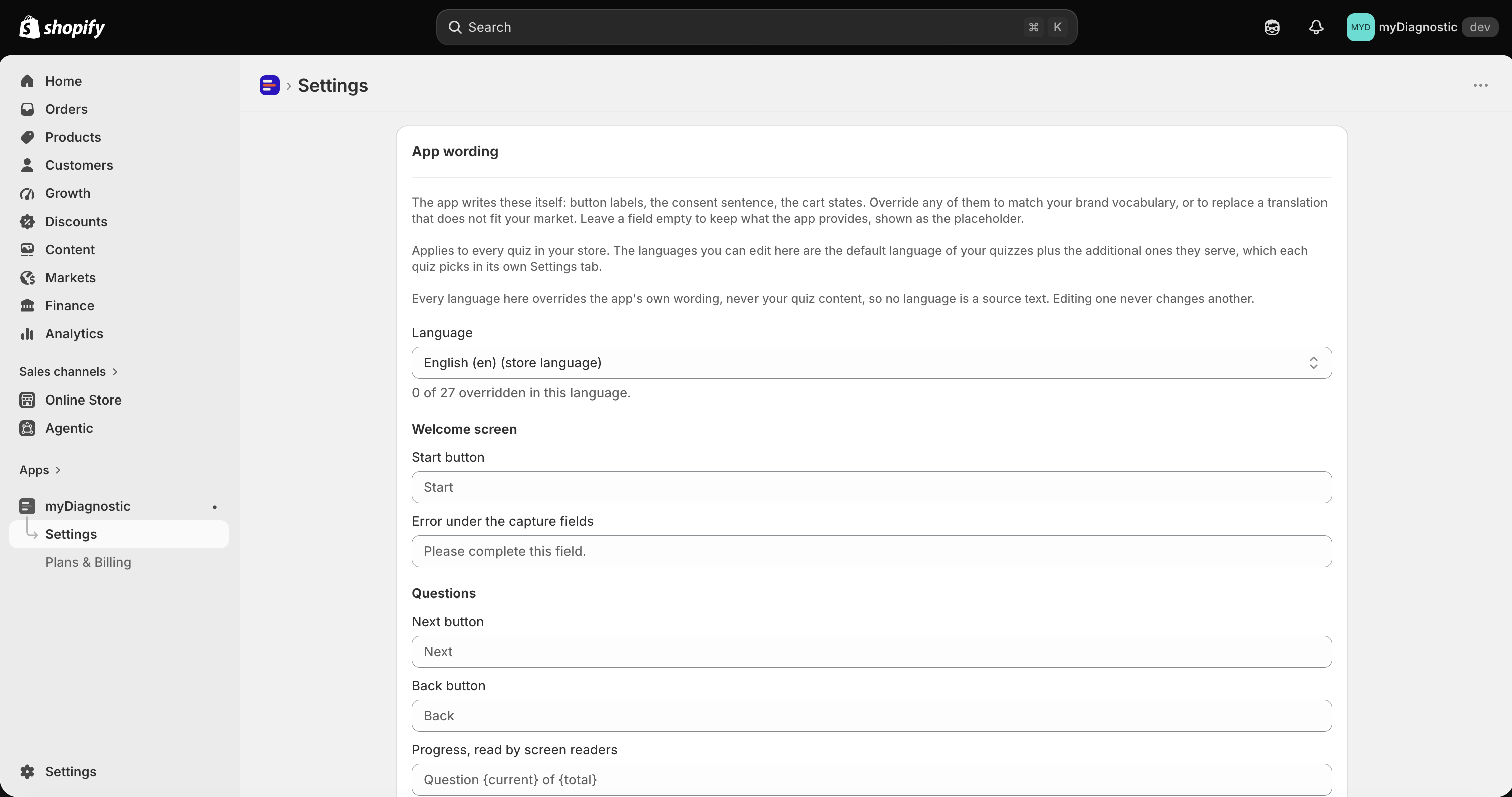 The App wording card on the app Settings page, showing its Language select at the top and the first group of fields under it.