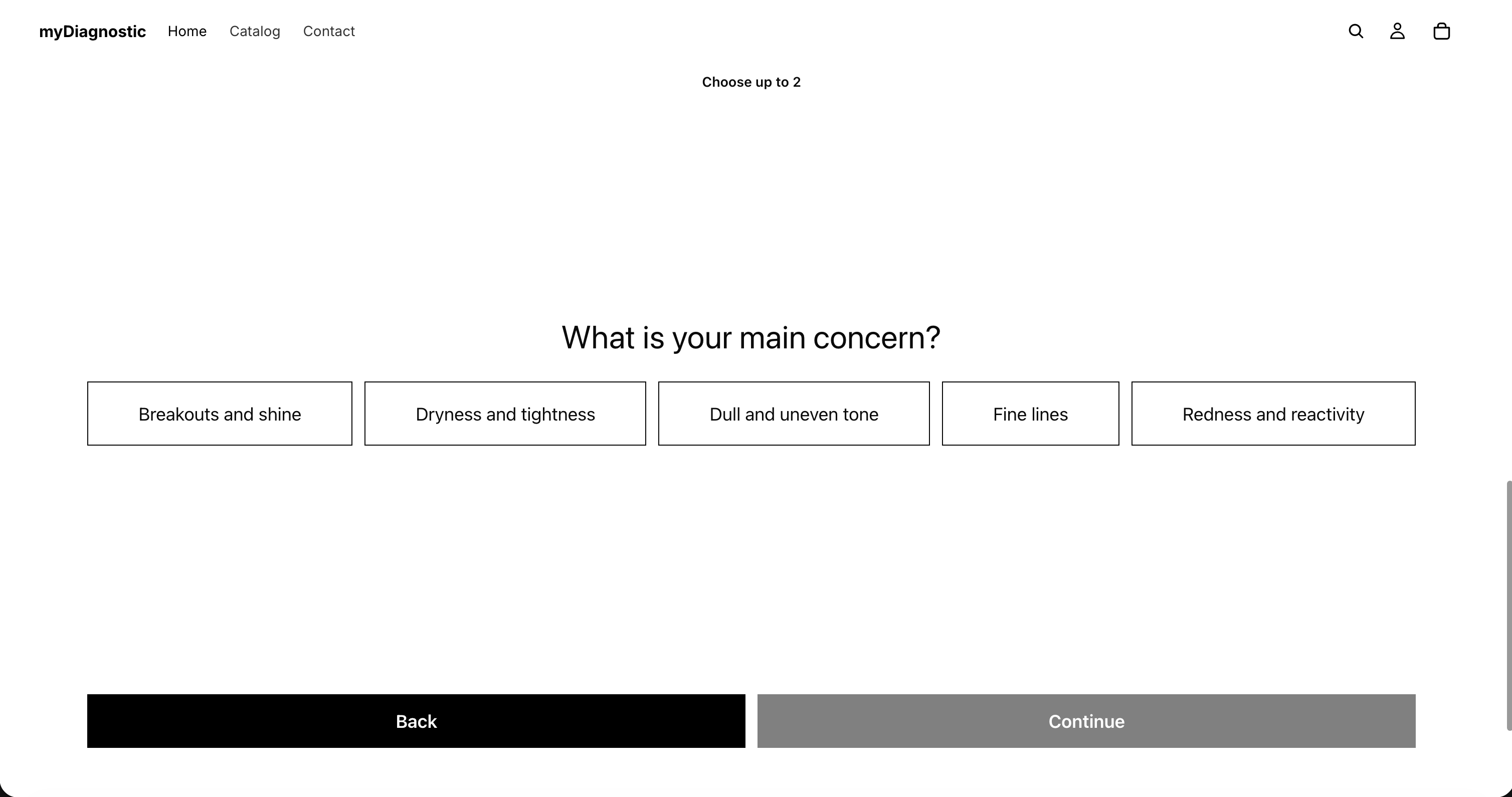 A quiz on a storefront showing a question with its navigation button reading Continue instead of the default Next.