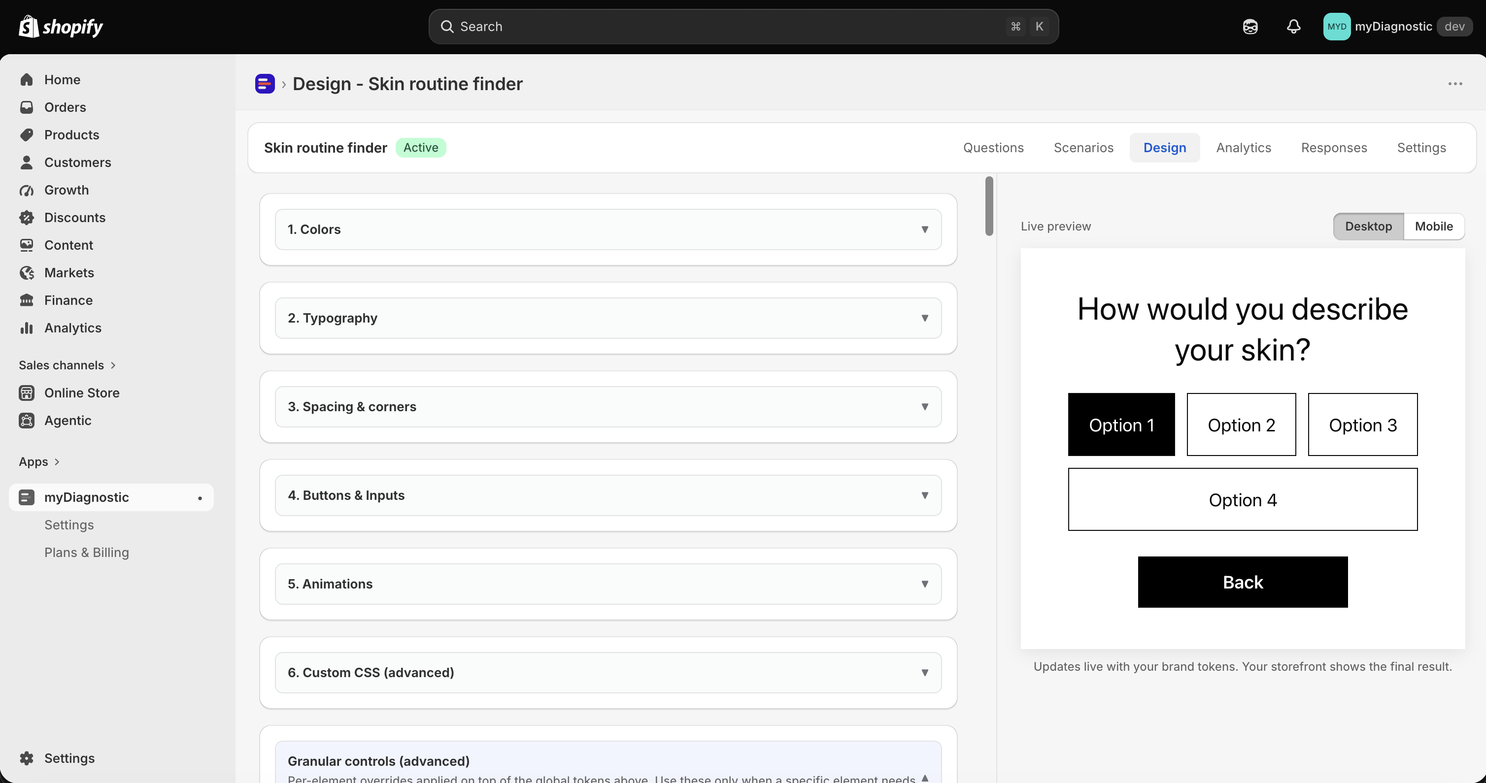 The Design tab of a quiz, with the numbered token cards and the Granular controls section on the left, and the live preview of a question screen on the right.
