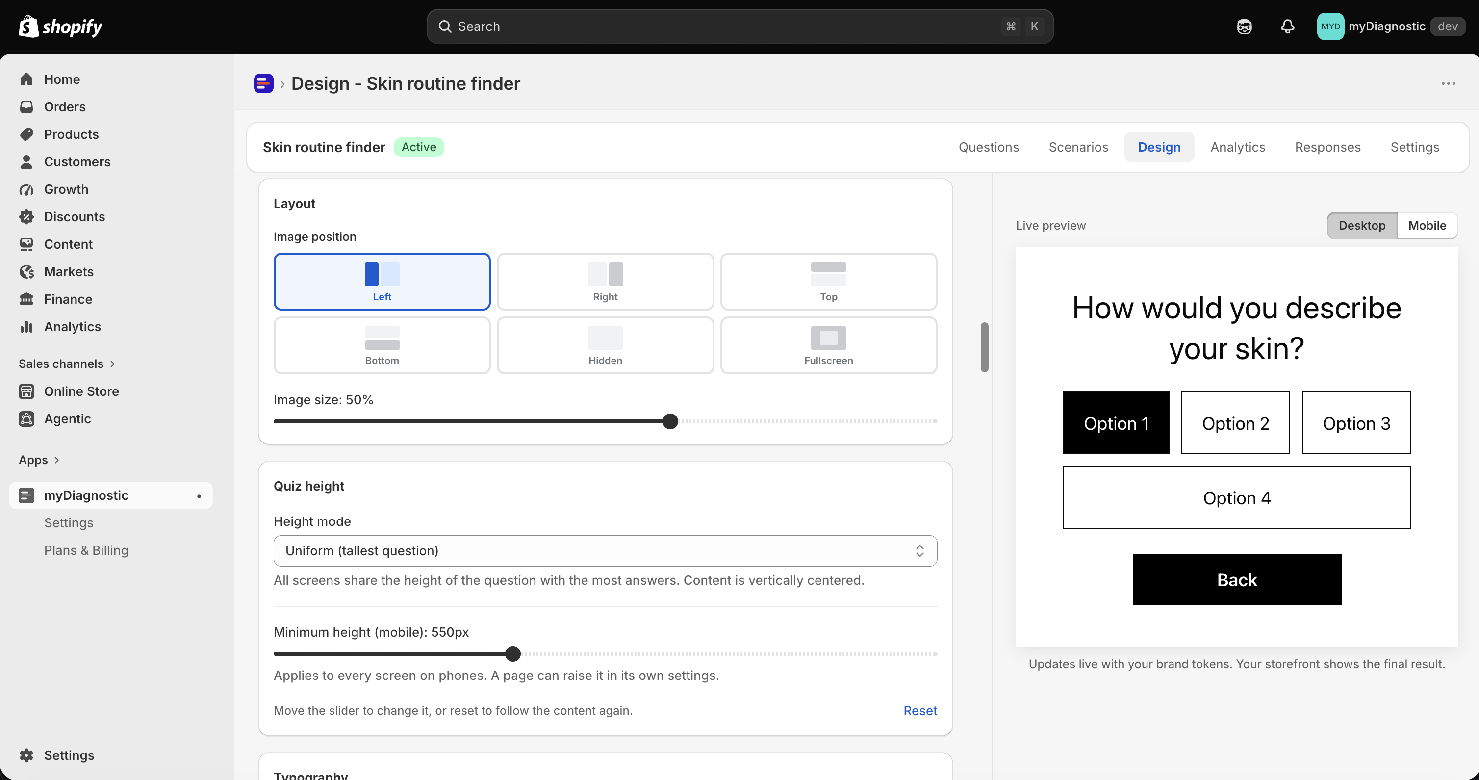 The Quiz height card with Height mode set to Uniform (tallest question) and the Minimum height (mobile) slider set to 550px next to its Reset link, with the live preview on the right showing the question on a mobile viewport.
