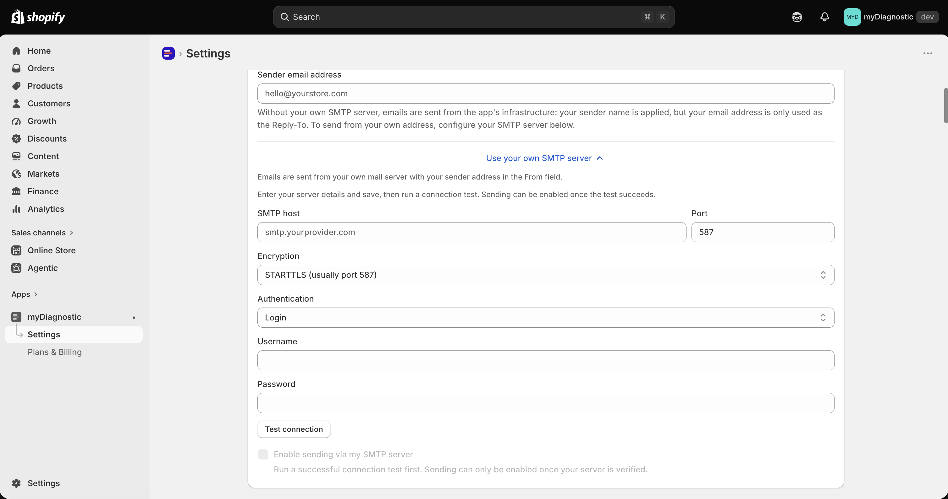 The Email sending card before any server is set up, with the badge at the top reading Sending via: app default, the Sender fields above, and the Use your own SMTP server section expanded on empty host, port, encryption, authentication and credential fields.