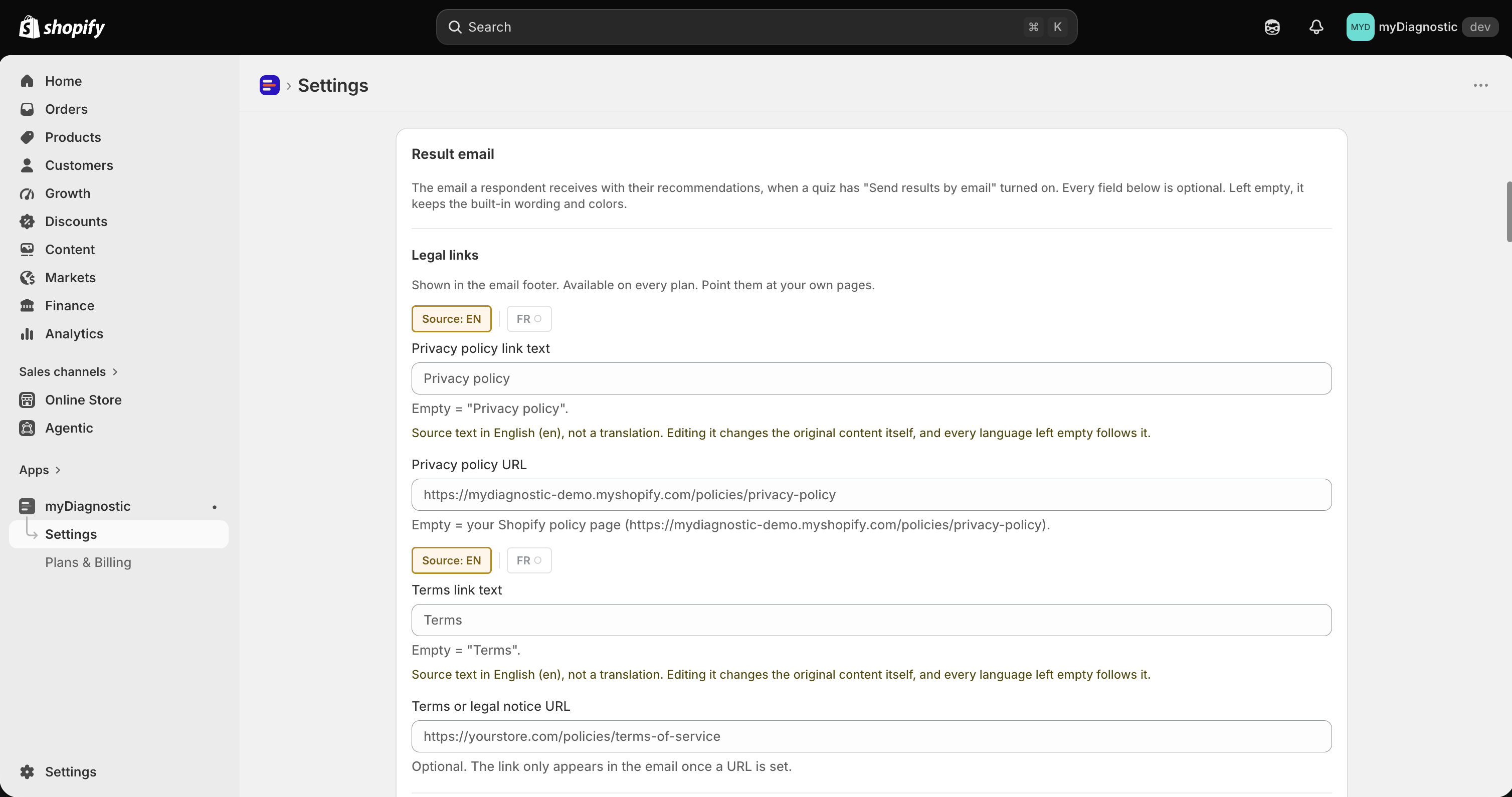 The Result email card in the app Settings, showing the Legal links section, the Wording fields and the Layout and formatting sections under them.