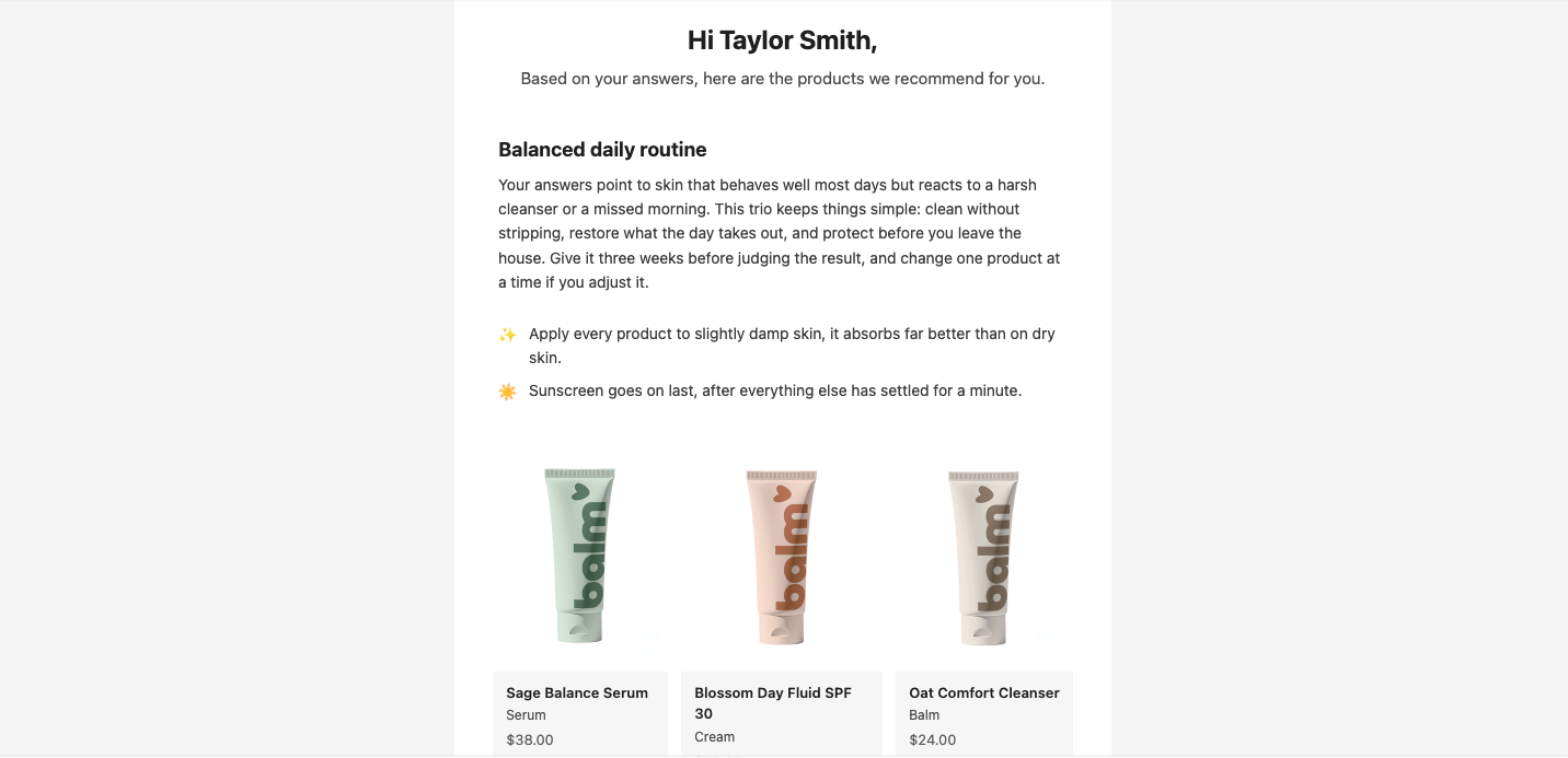 The result email open in a mail client, showing the logo, the title, the recommended products with their prices, the button and the footer with its legal links.