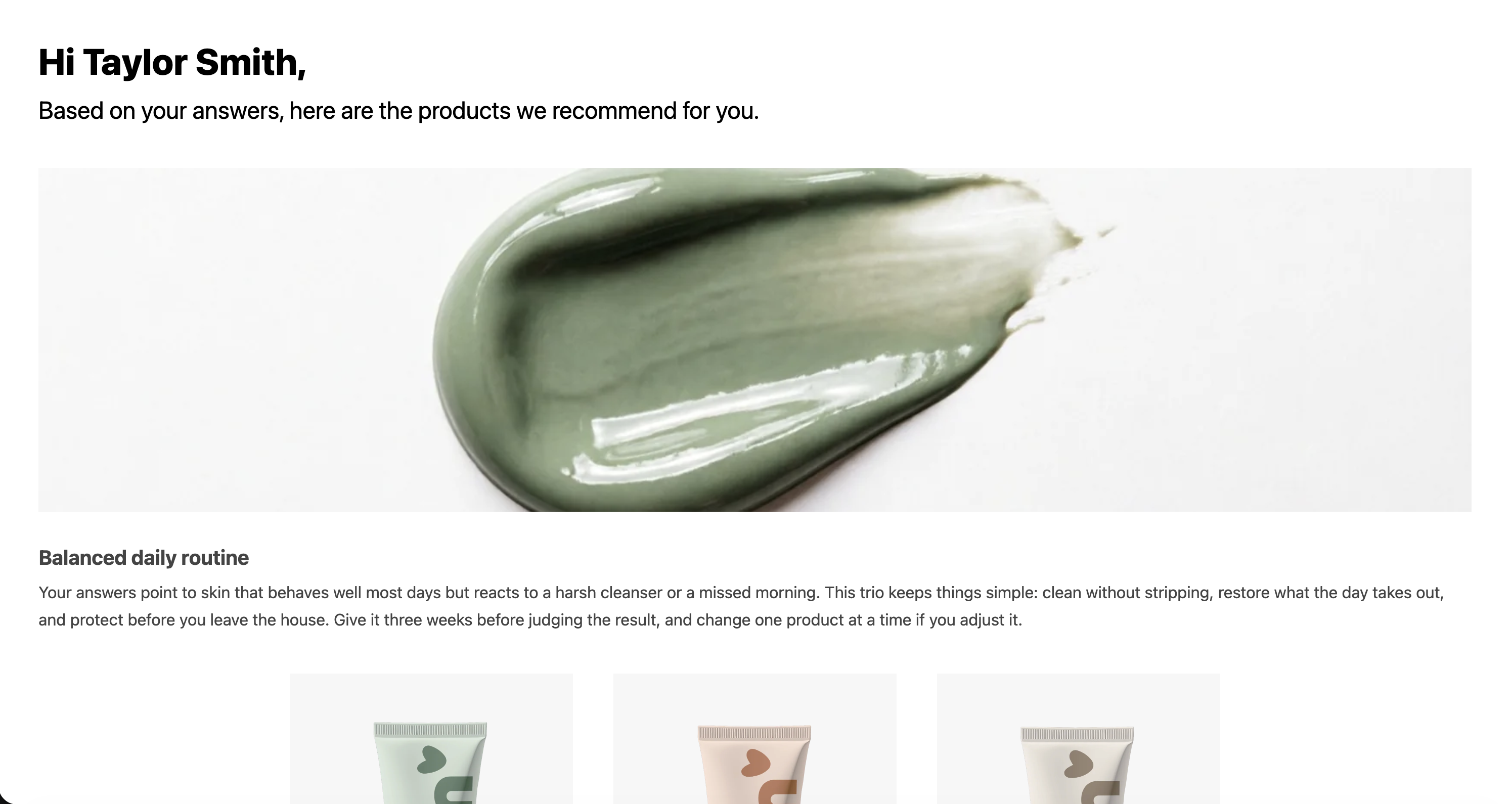 A result permalink open in a browser on the store domain, showing the recommendation with its scenario text, its product cards and their prices.
