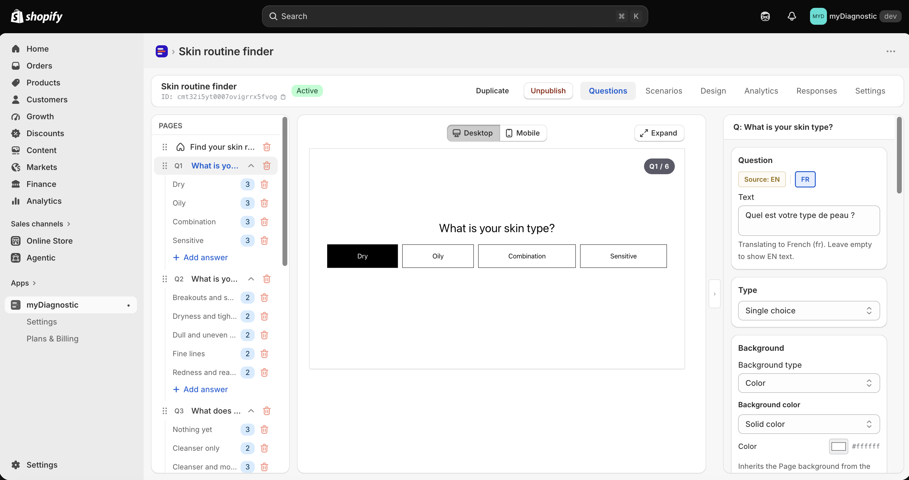 A question field in the quiz editor with its language tabs above it, the Source tab holding the original text and a second language tab selected.