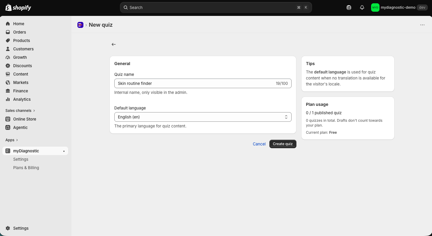 The new quiz form with the Quiz name field and the Default language selector, and the Create quiz button below them.