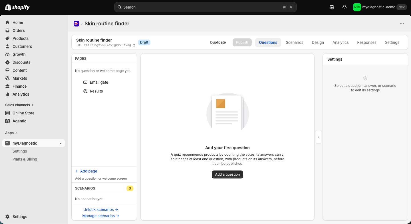 The Questions tab of a newly created quiz, with the Email gate and Results entries in the left sidebar and the Add your first question message in the middle of the screen.