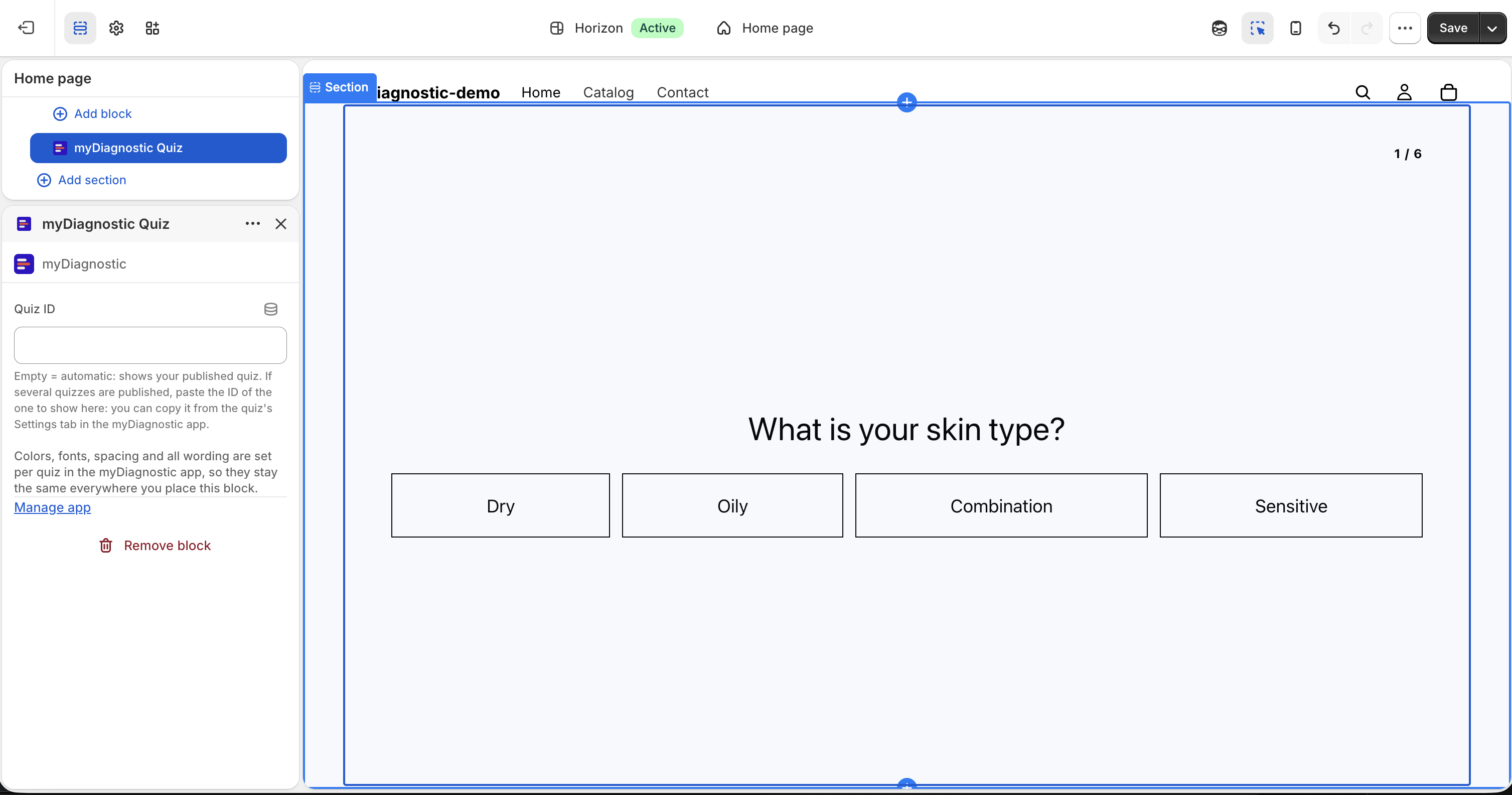 The theme editor with the myDiagnostic Quiz block selected in the left sidebar and its settings panel open on the right.