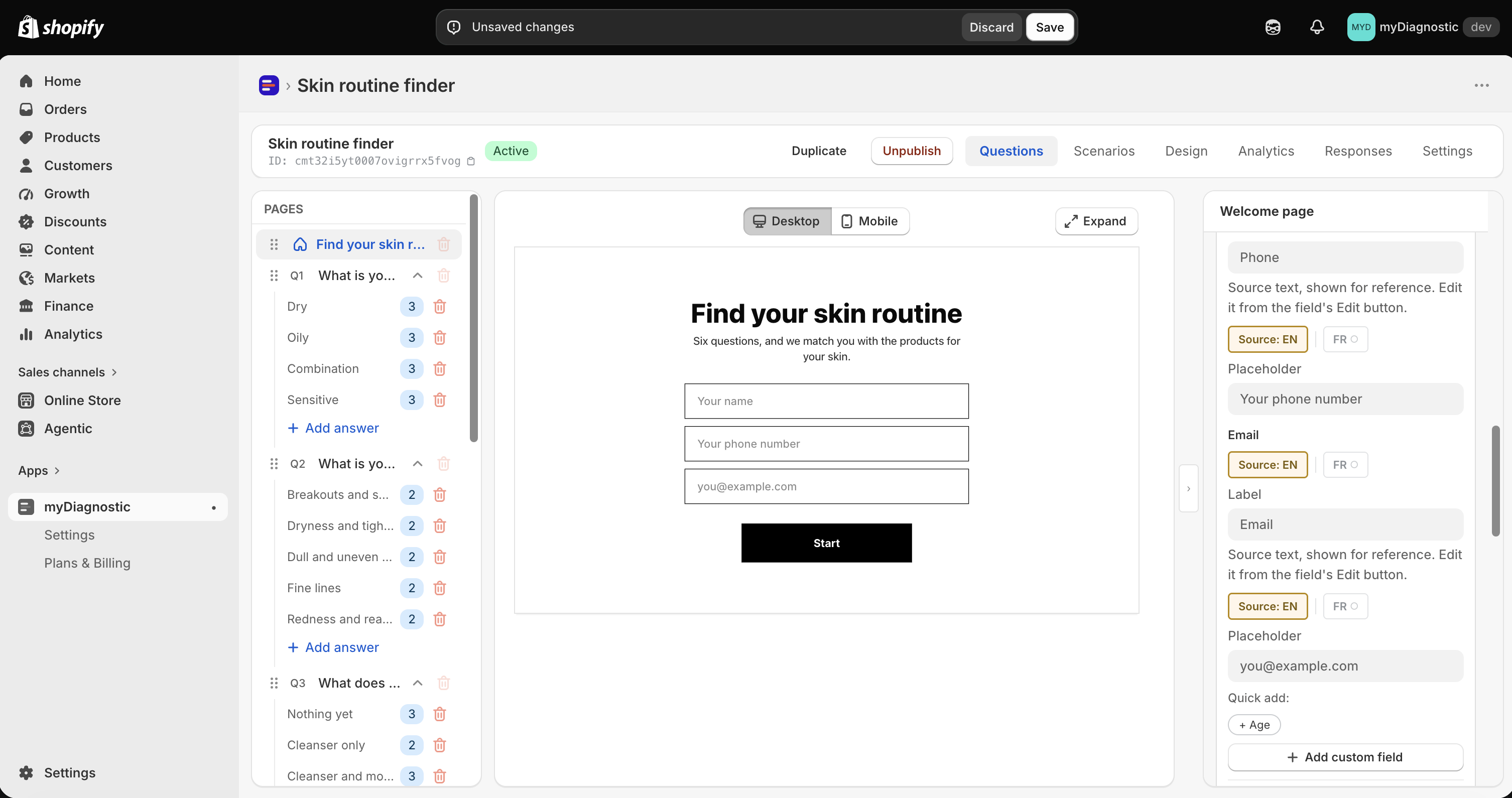 The bar at the top of the quiz editor announcing unsaved changes, with its Discard and Save buttons on the right.